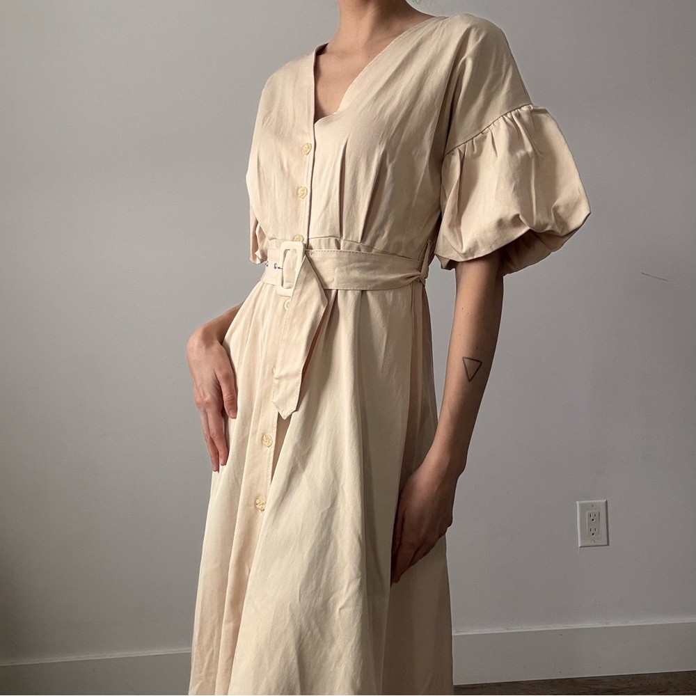 Zara NWT Cream Midi Dress with Puff Sleeves